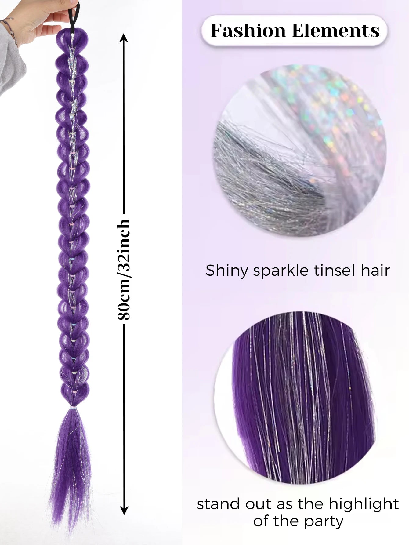 32 Inch Purple Braided Ponytail Hair Extension with Tinsel