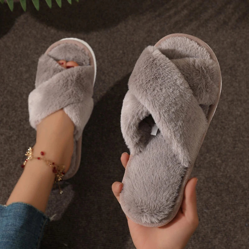 Women’s Fluffy Cross Band Plush Open Toe Slippers Warm Non Slip Shoes