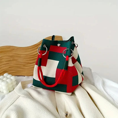 Multicolor Knitted Retro Bucket Bag Women’s Shoulder Handbag
