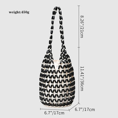 Women’s Woven Wooden Bead Bucket Tote Shoulder Bag Handmade Style