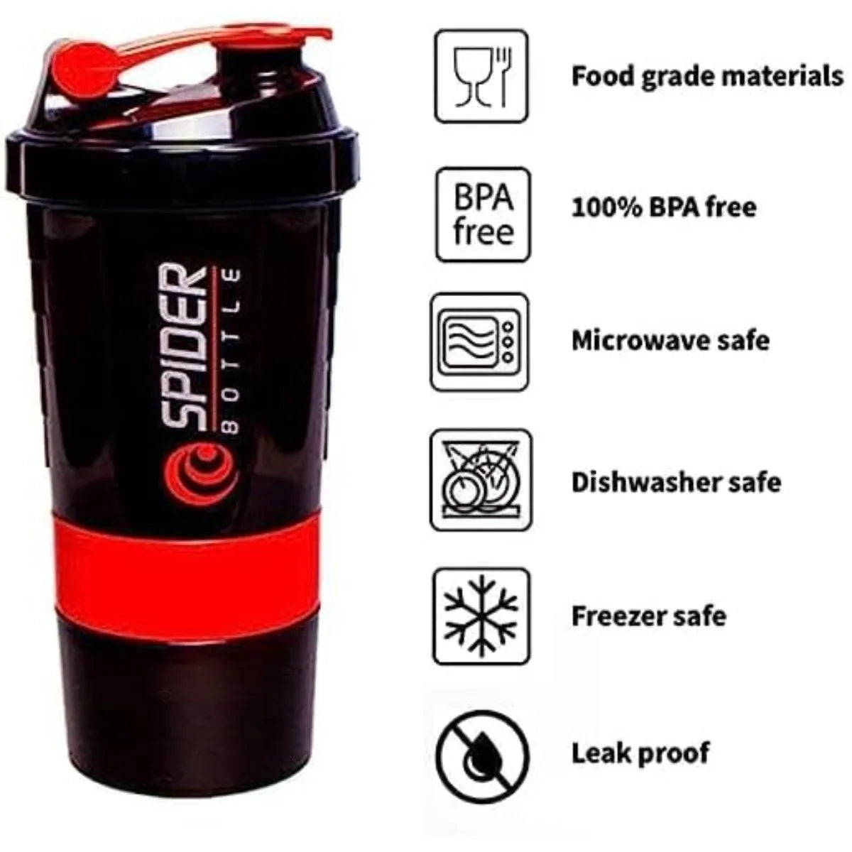 16 Oz Leak Proof Protein Shaker Bottle with Storage Cups