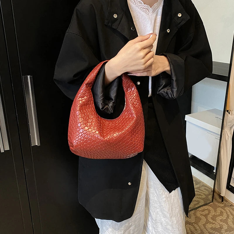 Women’s Woven Embossed PU Leather Hobo Shoulder Bag with Top Handle