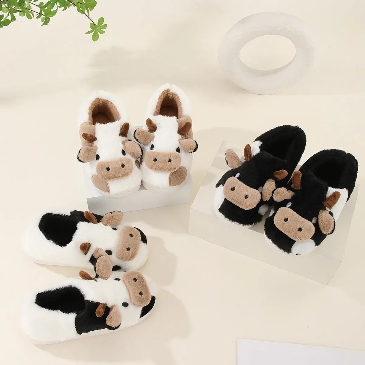 Warm Cartoon Cow Plush Slippers for Men & Women Winter Home Shoes