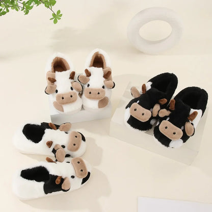Warm Cartoon Cow Plush Slippers for Men & Women Winter Home Shoes
