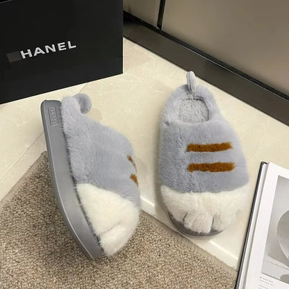 Cute Kitty Claw Furry Slippers for Women Warm Non Slip Home Shoes