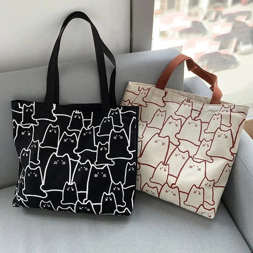 Cute Cat Graphic Canvas Tote Bag for Women & Girls