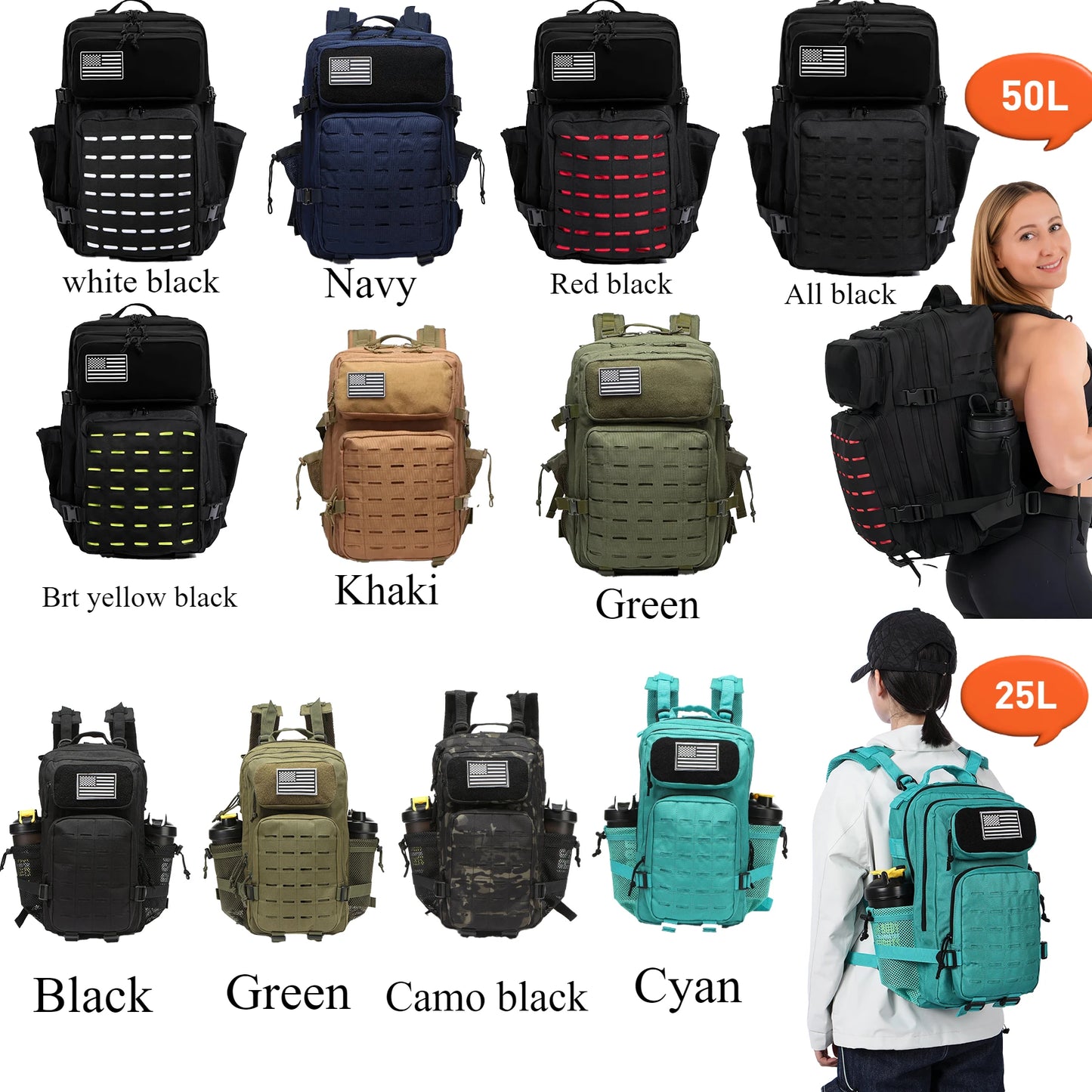 25L or 50L MOLLE Tactical Hiking Backpack with 2 Bottle Holders