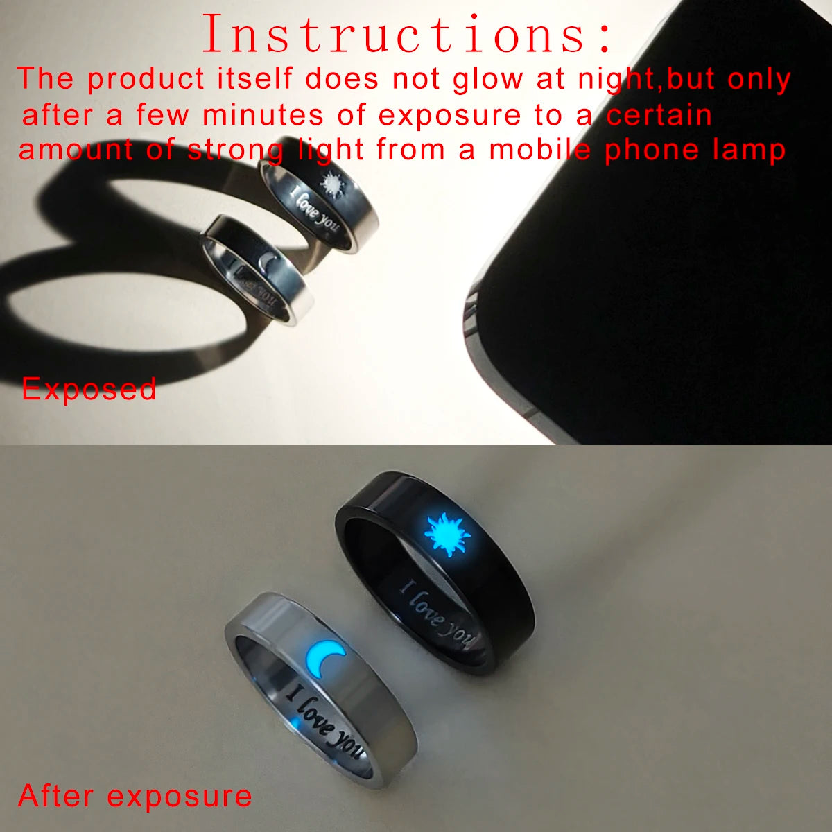 2 Piece Glow in the Dark Couple Rings Set