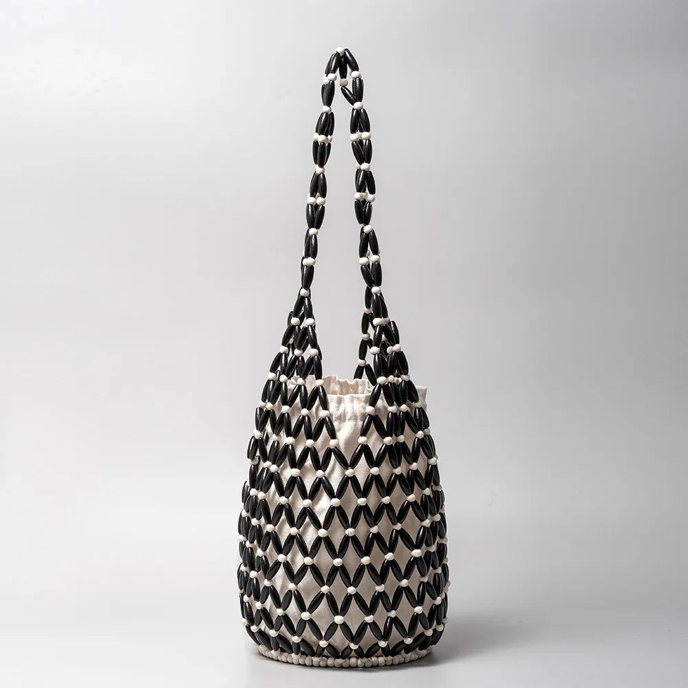 Women’s Woven Wooden Bead Bucket Tote Shoulder Bag Handmade Style