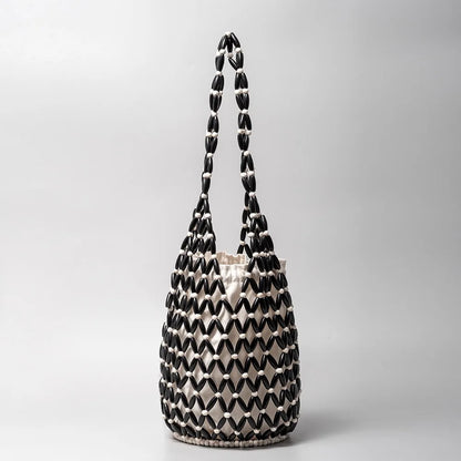 Women’s Woven Wooden Bead Bucket Tote Shoulder Bag Handmade Style