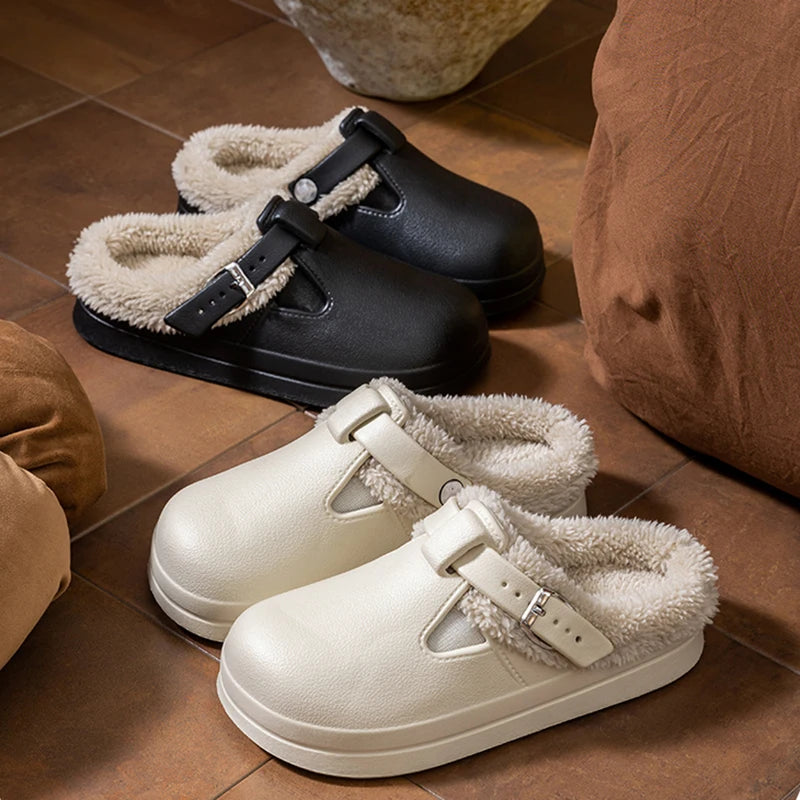 Women’s Waterproof Plush Mules with Metal Buckle Warm Winter Slippers
