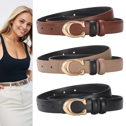 Women’s Fashion Belt with C-Shaped Buckle Double-Sided Leather Belt