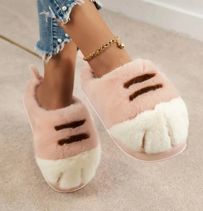 Cute Kitty Claw Furry Slippers for Women Warm Non Slip Home Shoes