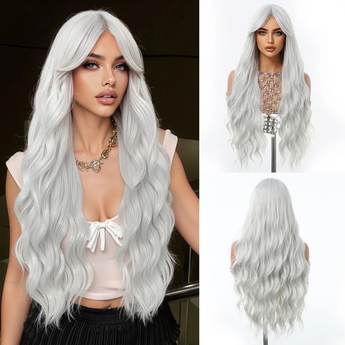Women's Long Silver White Curly Synthetic Wig