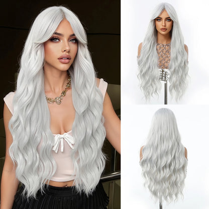 Women's Long Silver White Curly Synthetic Wig