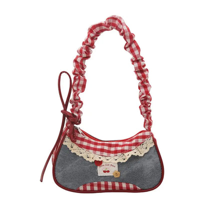 Women’s Grid Lace Ribbon Shoulder Bag Stretchable Strap Handbag
