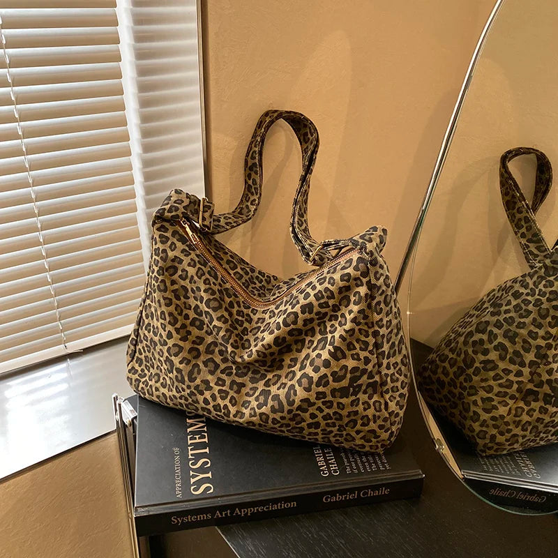 Women’s Leopard Print Soft Textile Shoulder Crossbody Bag Large Capacity