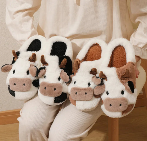 Warm Cartoon Cow Plush Slippers for Men & Women Winter Home Shoes