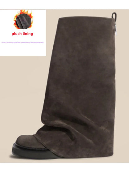 Women's Thick Sole Square Toe Pleated Knee High Boots
