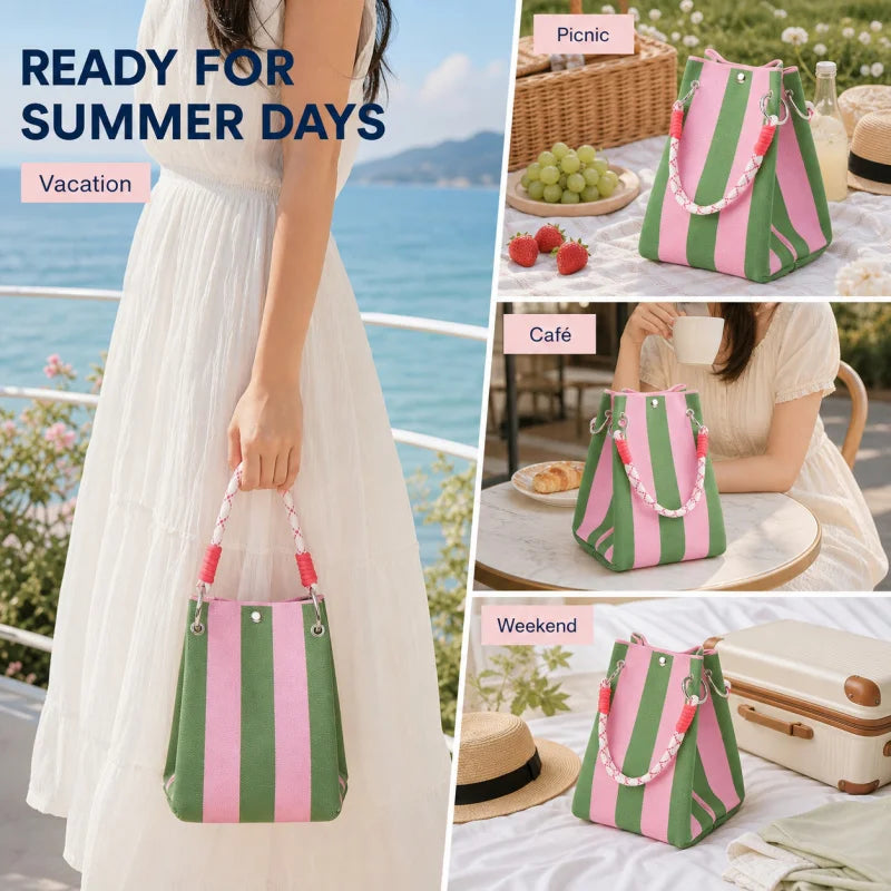 Mini Knit Striped Bucket Tote Bag for Women Summer Handbag