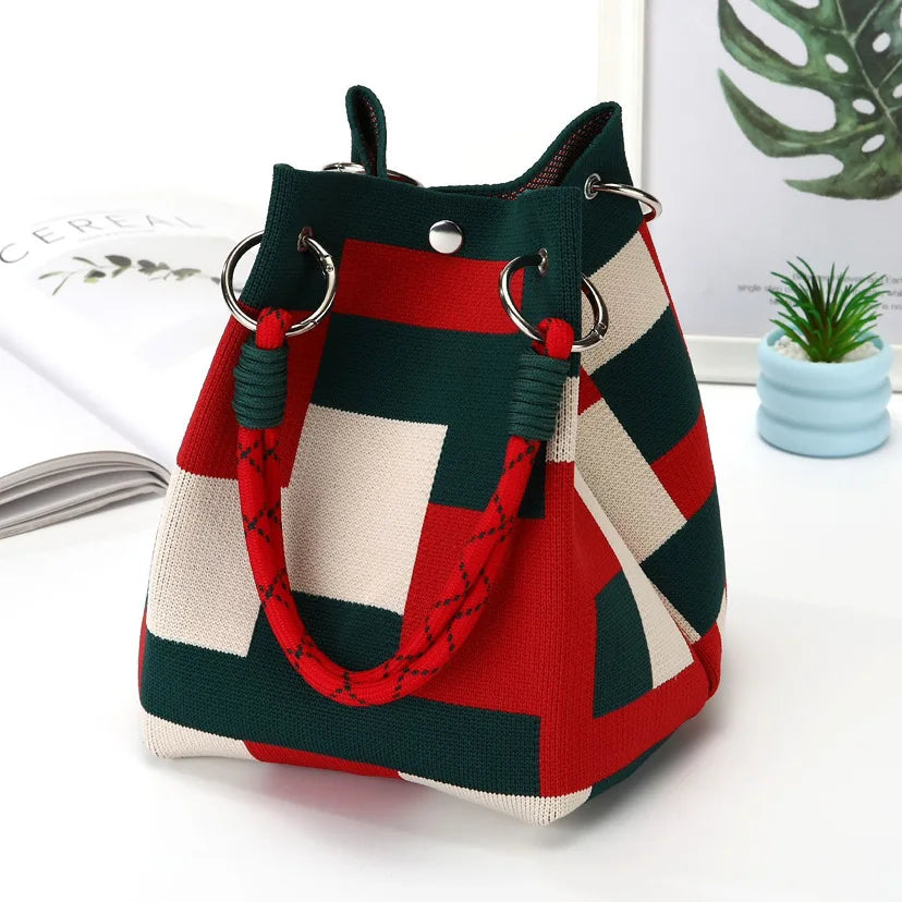 Mini Knit Striped Bucket Tote Bag for Women Summer Handbag