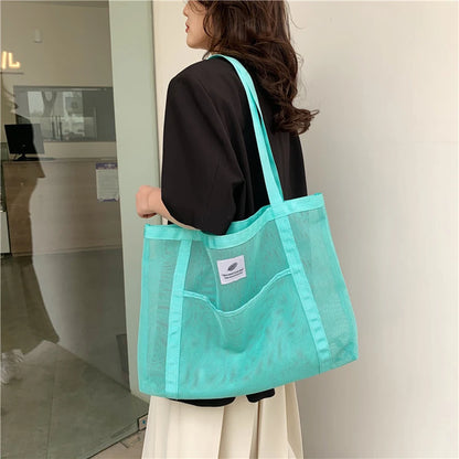 Women’s Transparent Mesh Shoulder Tote Bag for Shopping & Beach