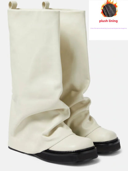 Women's Thick Sole Square Toe Pleated Knee High Boots