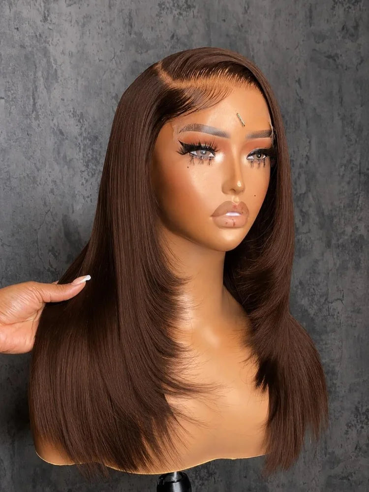 34 Inch Chocolate Brown Bone Straight 13x4 HD Lace Human Hair Wig 250% Density
