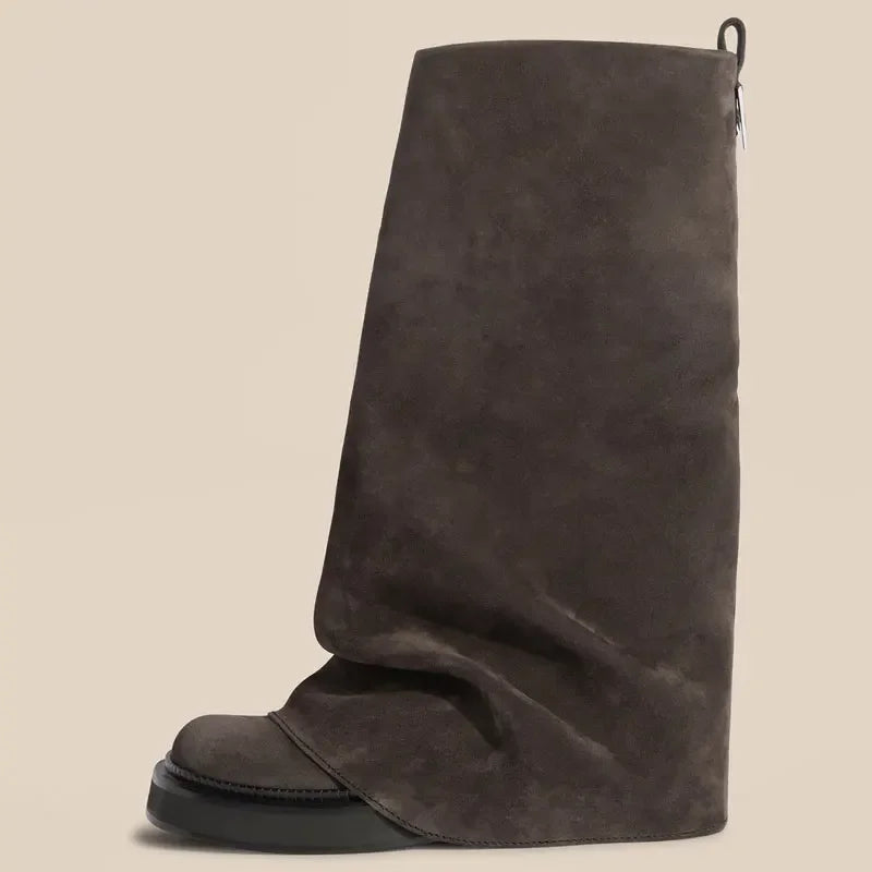 Women's Thick Sole Square Toe Pleated Knee High Boots