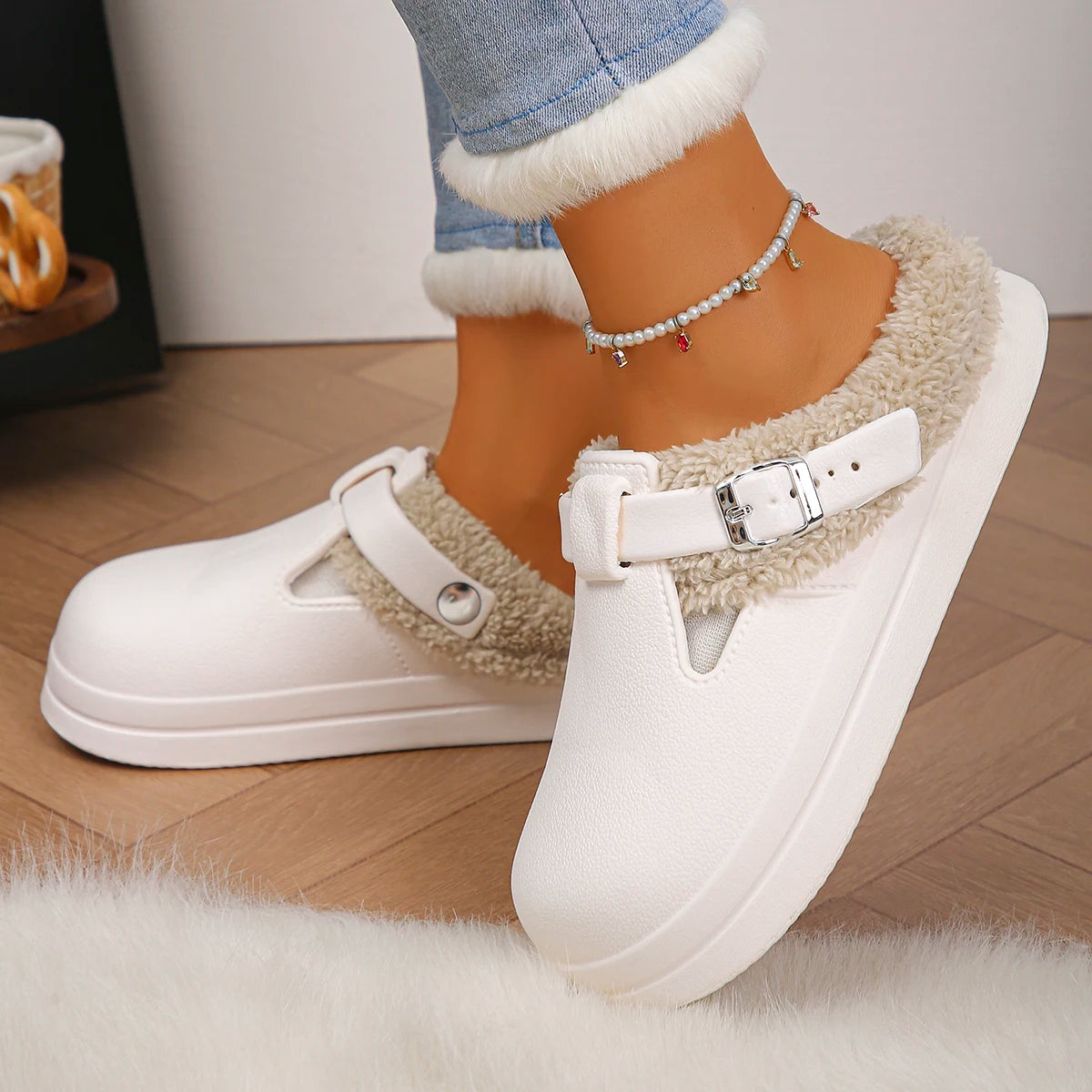 Women’s Waterproof Plush Mules with Metal Buckle Warm Winter Slippers