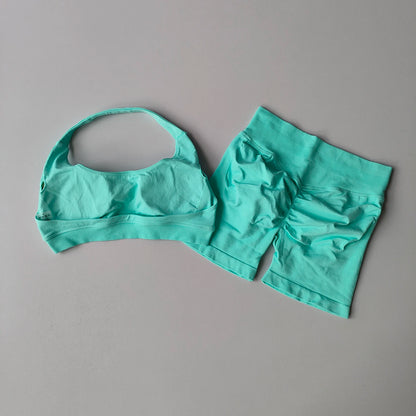 Women's 2 Piece Seamless Halter Sports Bra and Shorts Set