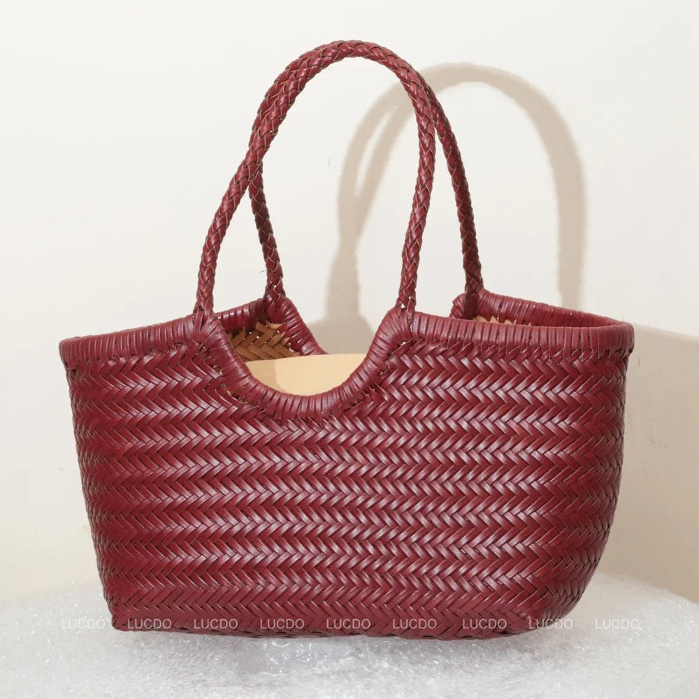 Genuine Leather Woven Shoulder Tote Bag for Women