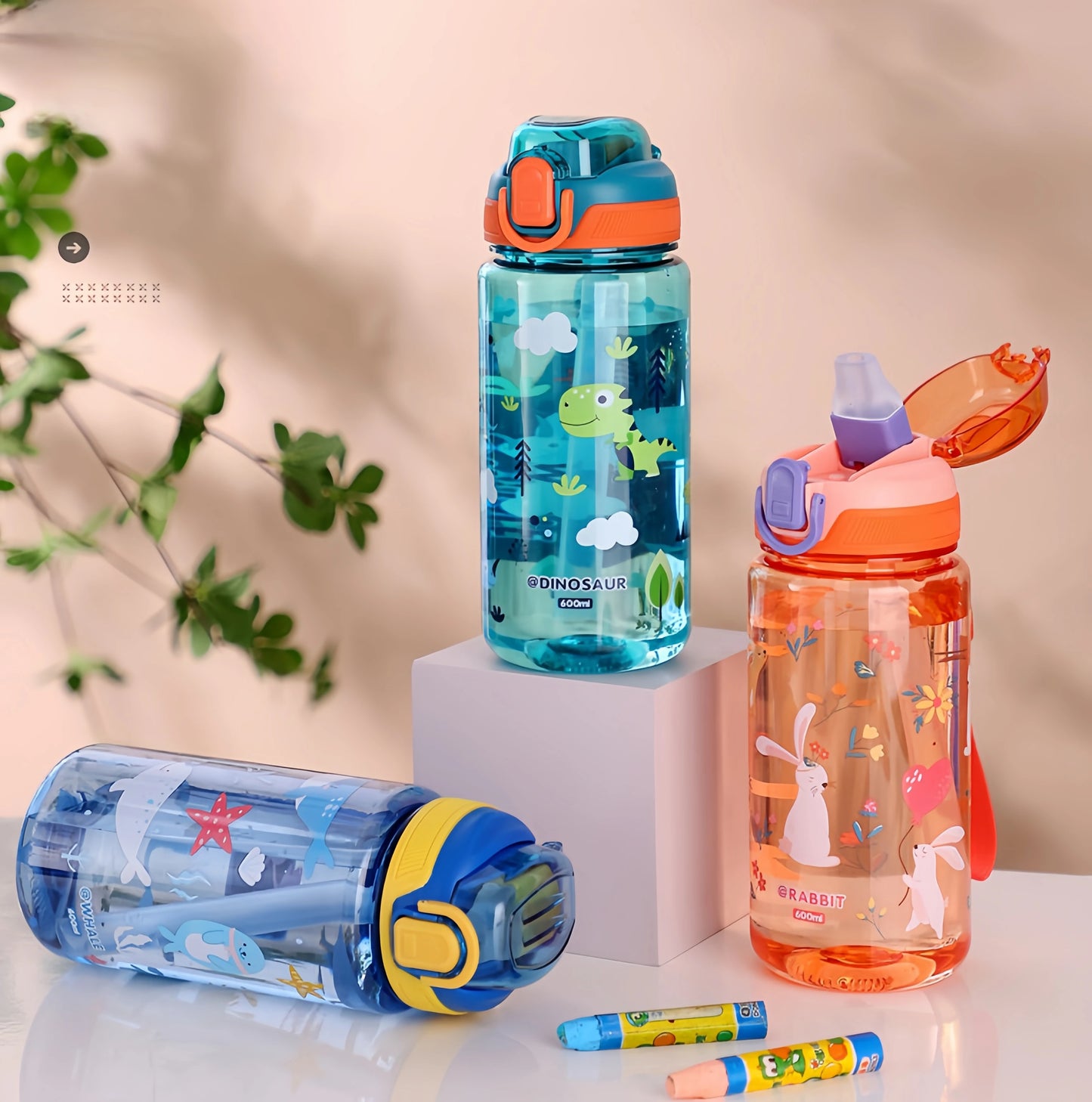 600ml Leak Proof Dinosaur Kids Water Bottle with Straw