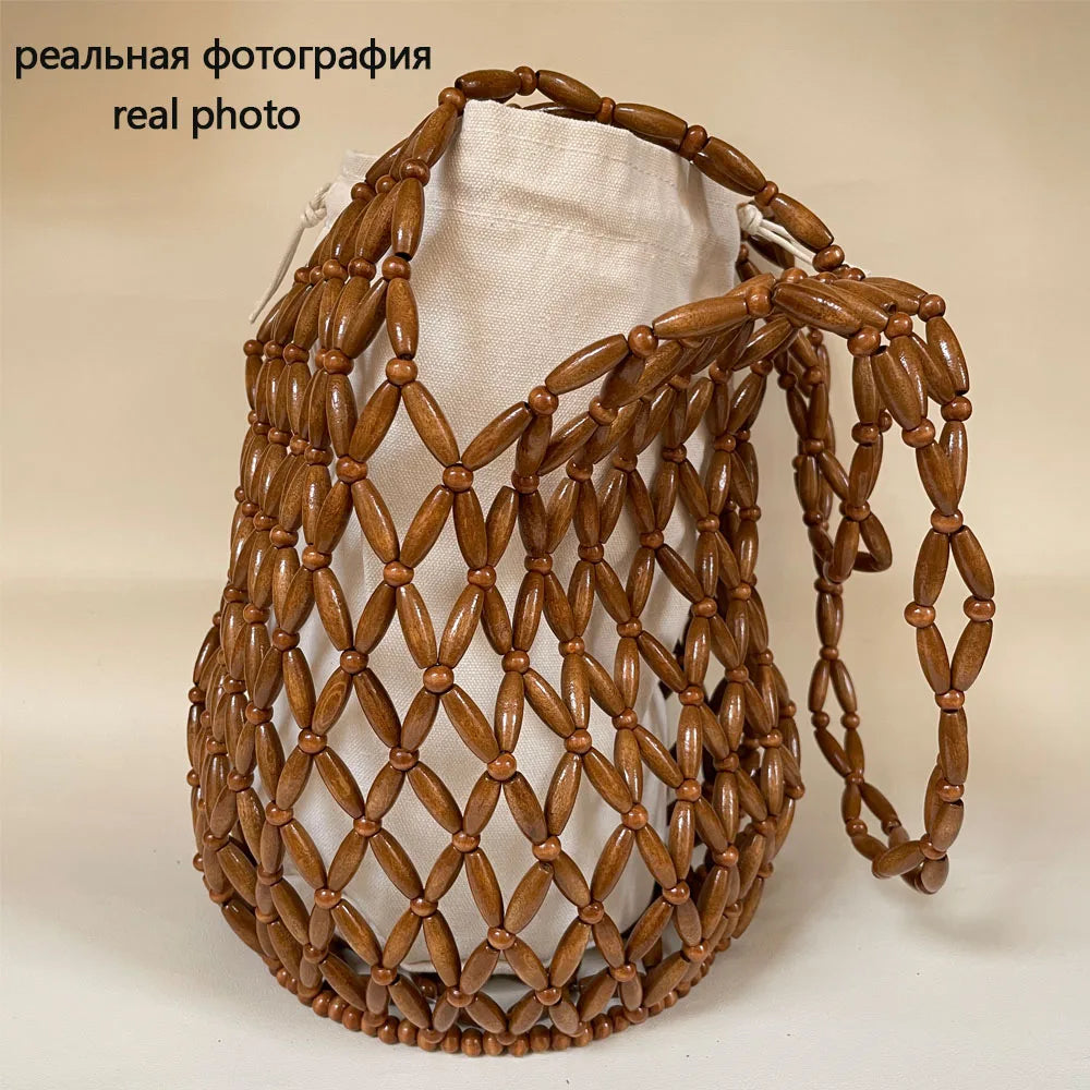 Women’s Woven Wooden Bead Bucket Tote Shoulder Bag Handmade Style