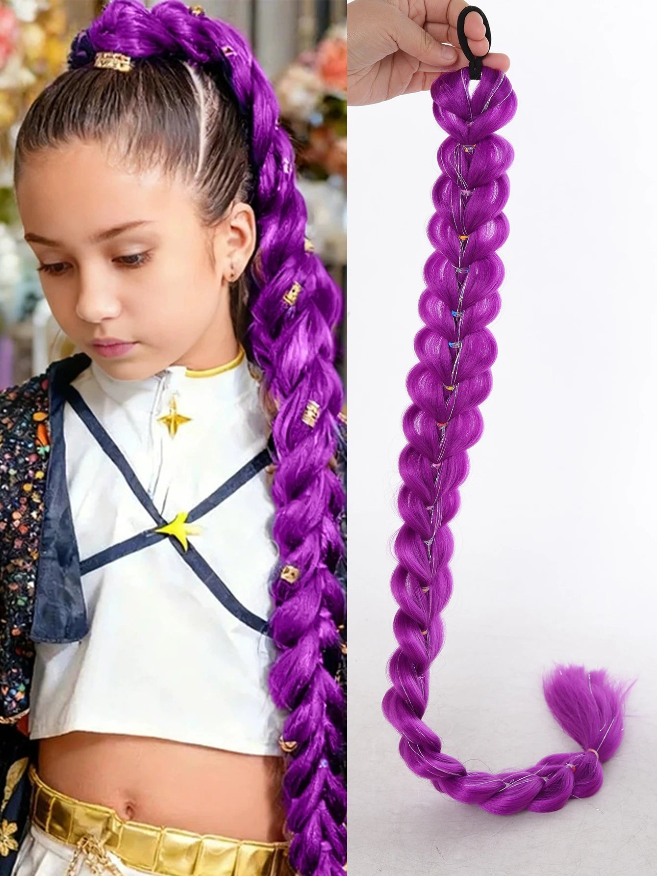 32 Inch Purple Braided Ponytail Hair Extension with Tinsel