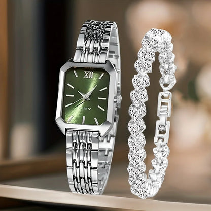 2PCS Women’s Rectangle Quartz Watch & Rhinestone Bracelet Set