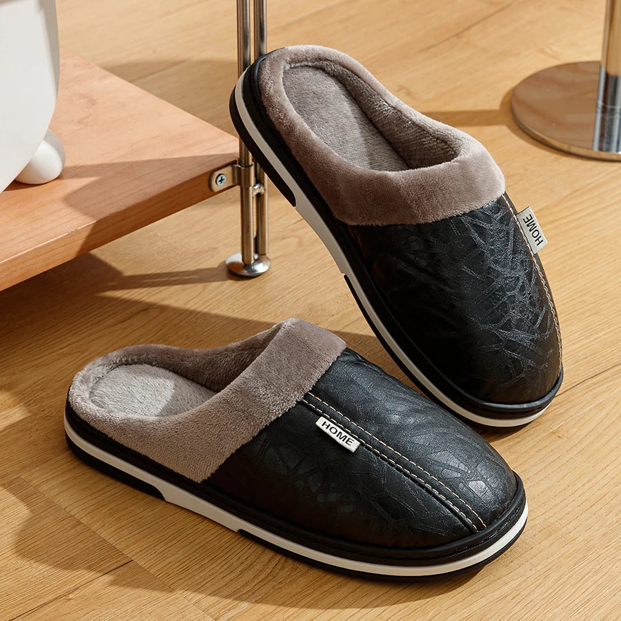 Men’s PU Leather Fur Lined Winter House Slippers Big Size