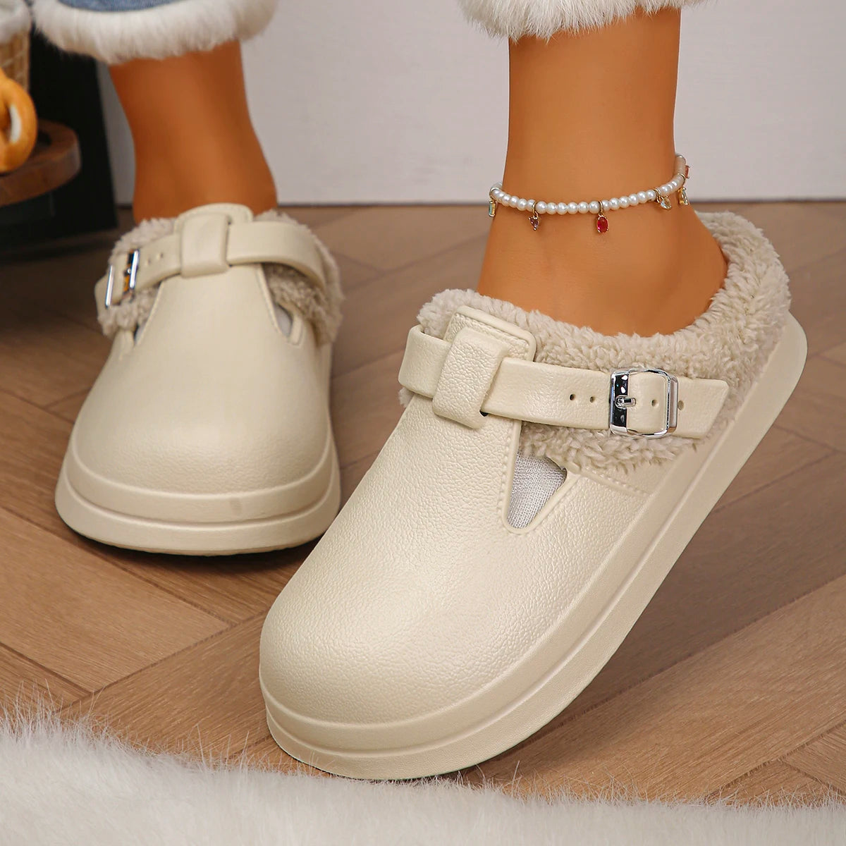 Women’s Waterproof Plush Mules with Metal Buckle Warm Winter Slippers