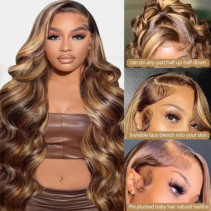 34 Inch Honey Blonde Ombre Body Wave 13x4 HD Lace Human Hair Wig 200% Density
