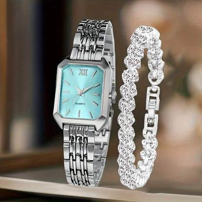 2PCS Women’s Rectangle Quartz Watch & Rhinestone Bracelet Set
