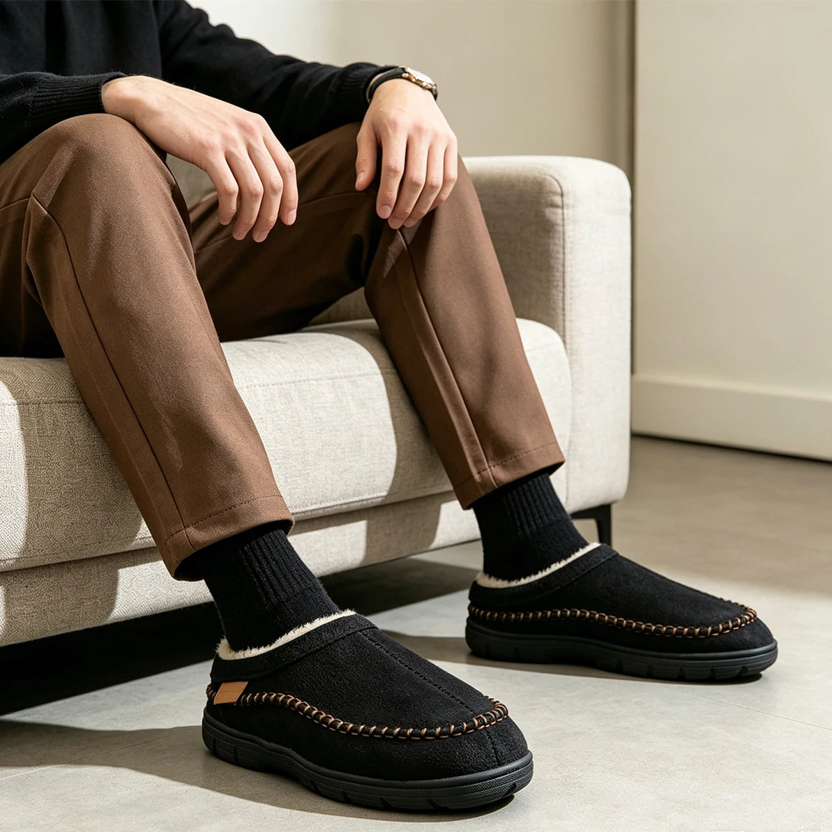 Men’s Suede Winter Slippers with Memory Foam & Non Slip TPR Sole