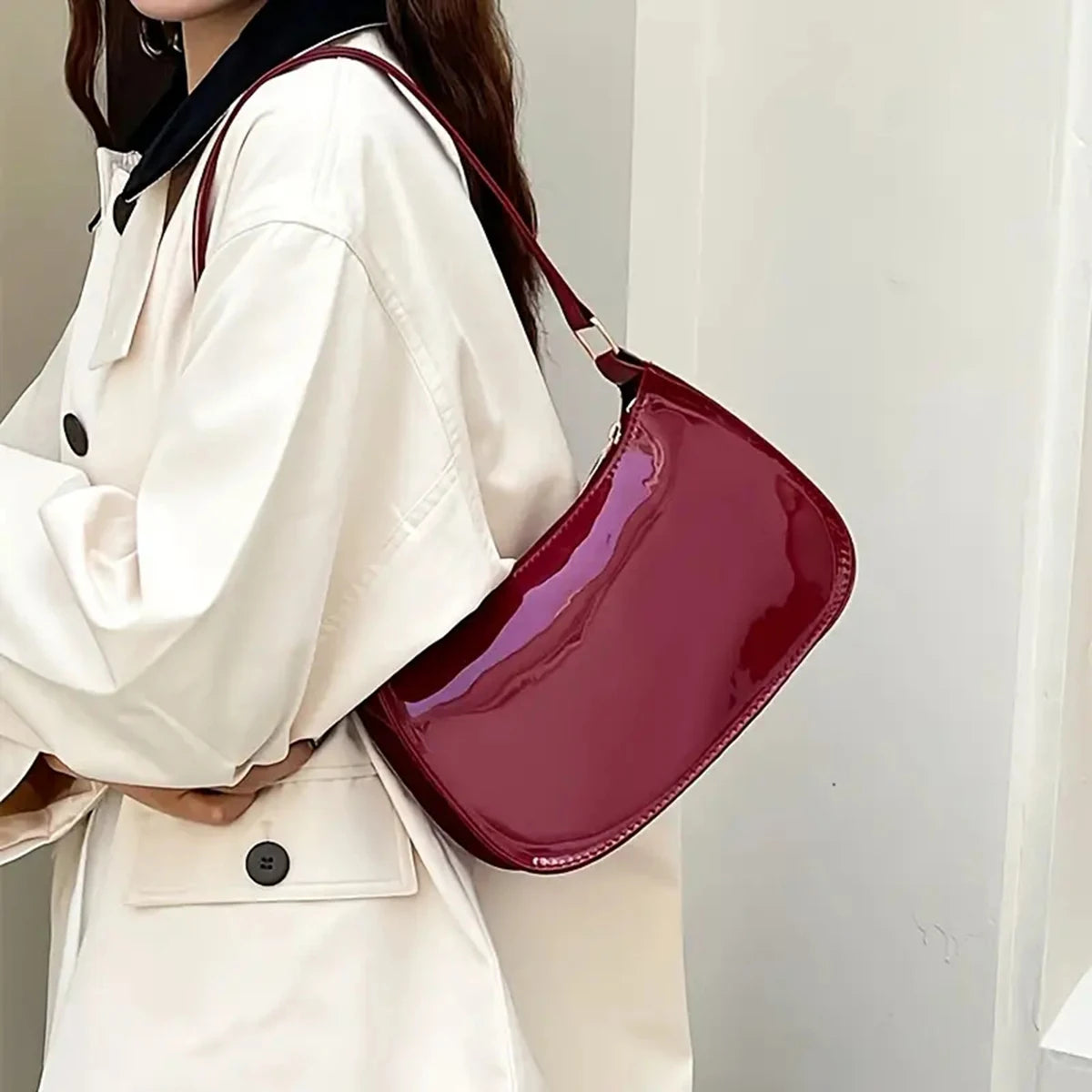 Red Patent Leather Underarm Shoulder Bag for Women