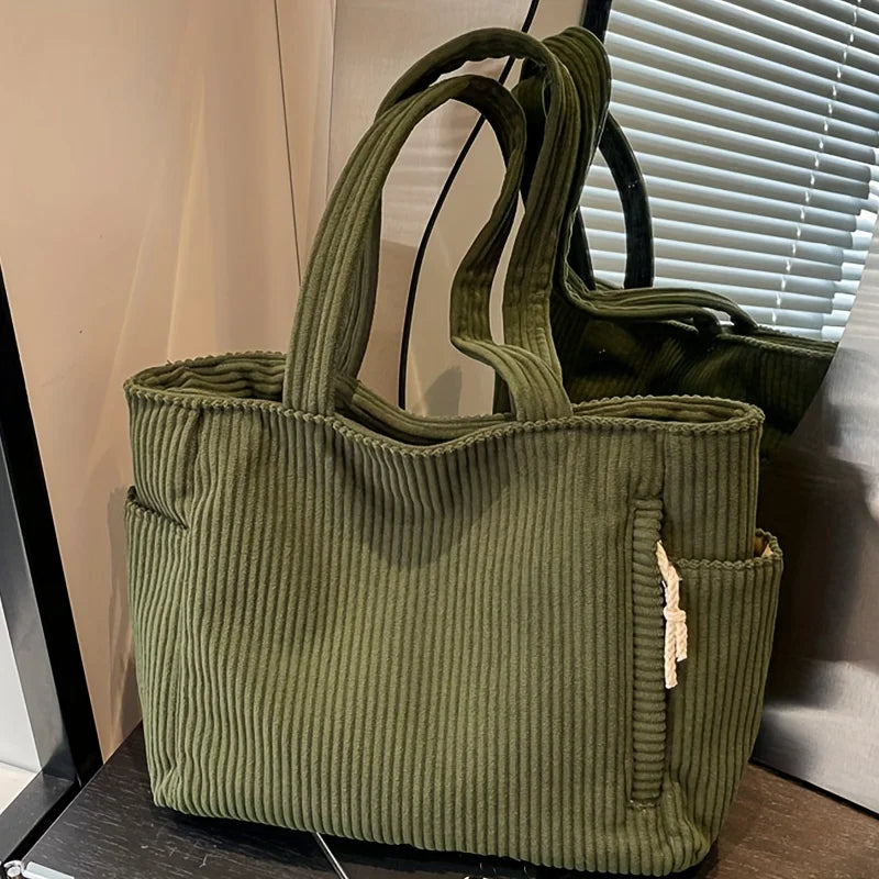Large Corduroy Shoulder Tote Bag with Zipper for Women