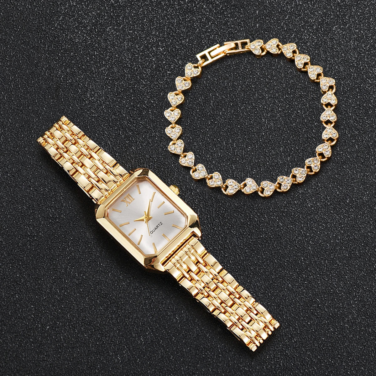 2PCS Women’s Rectangle Quartz Watch & Rhinestone Bracelet Set