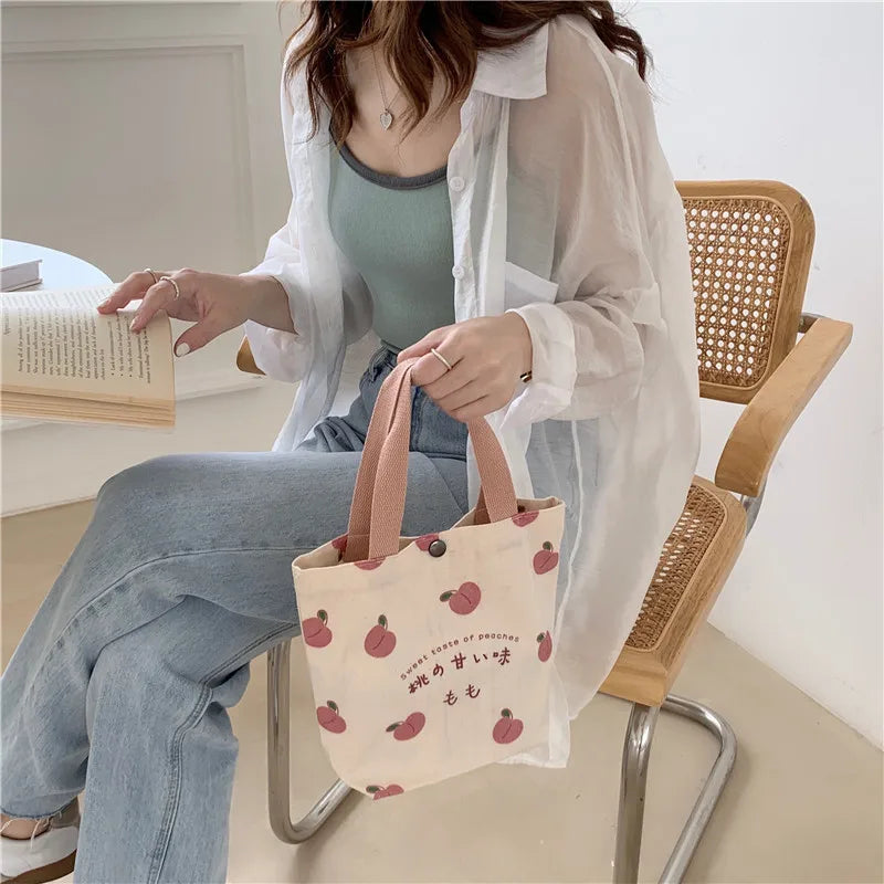 Small Canvas Peach Lunch Tote Bag for Women & Girls