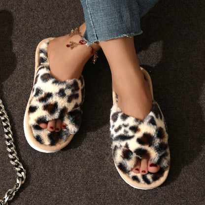 Women’s Fluffy Cross Band Plush Open Toe Slippers Warm Non Slip Shoes