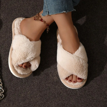 Women’s Fluffy Cross Band Plush Open Toe Slippers Warm Non Slip Shoes