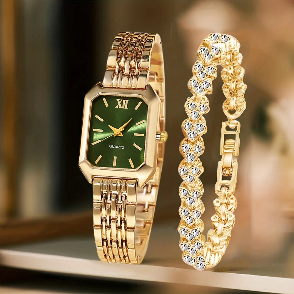 2PCS Women’s Rectangle Quartz Watch & Rhinestone Bracelet Set
