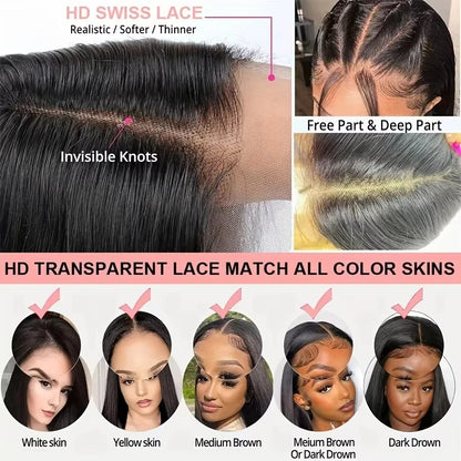 Women's 36 to 40 Inch Brazilian Bone Straight HD Lace Front Human Hair Wig
