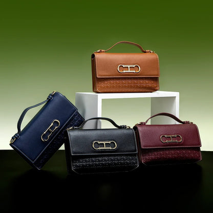 Leather Structured Handbag with Monogram Clasp for Women